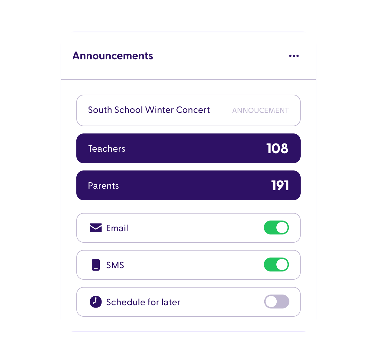 One platform - Announcements dashboard showing multi-channel communication