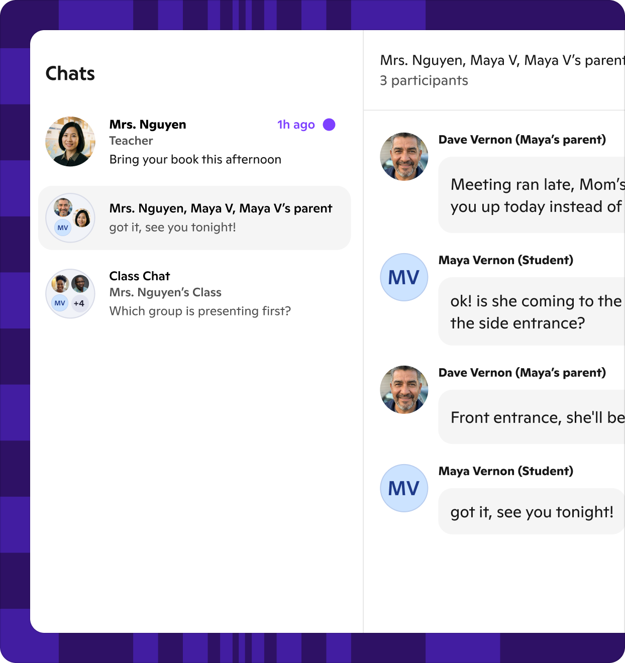 Chat UI showing a student messaging their parent through ClassDojo