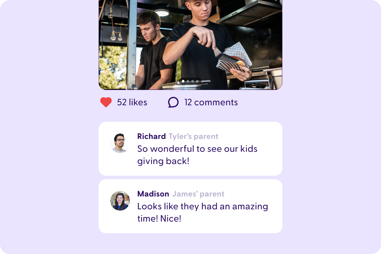 ClassDojo family engagement post showing teacher sharing volunteer day photos with parent comments