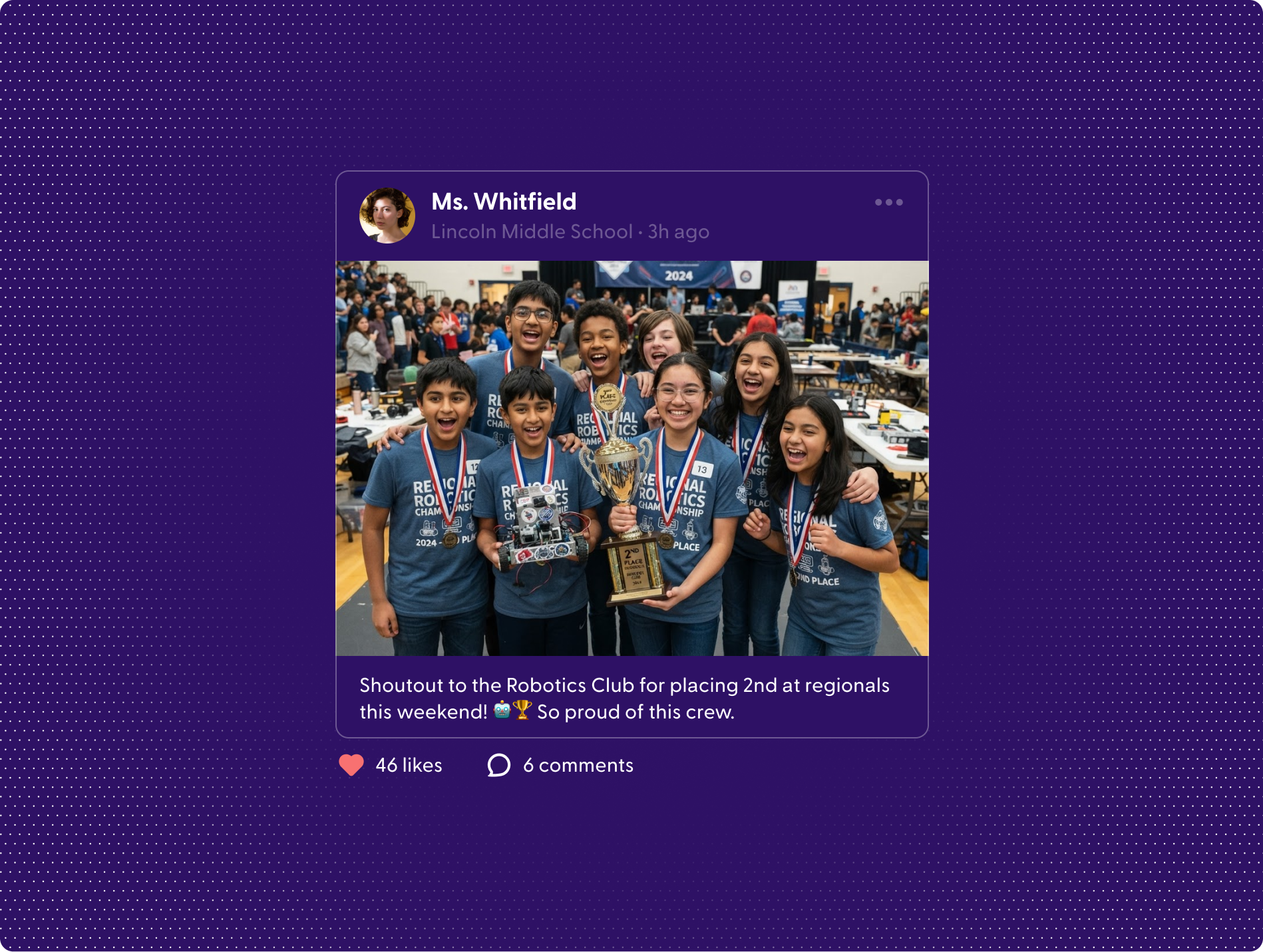 A school Story post from Ms. Whitfield congratulating the Robotics Club on placing second at regionals