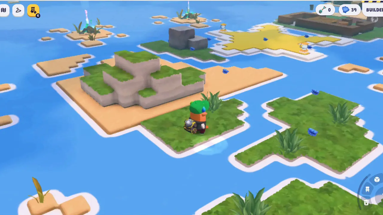 The island later on, grown out across the water with grass, stone and structures.
