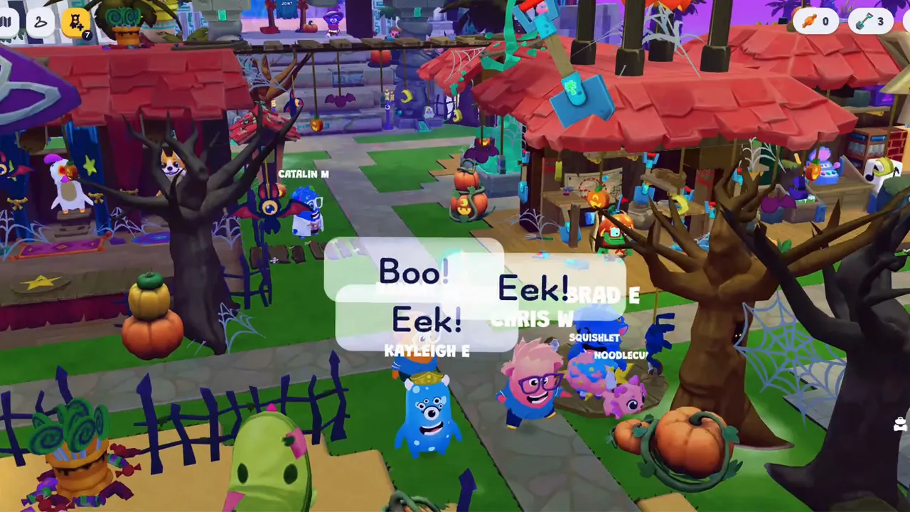 Players standing in a decorated Camp Dojo, two of them saying Eek! Eek!