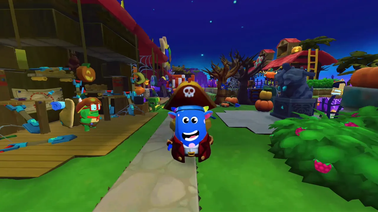 A blue monster in a pirate costume walking down a Camp Dojo path lined with pumpkins.