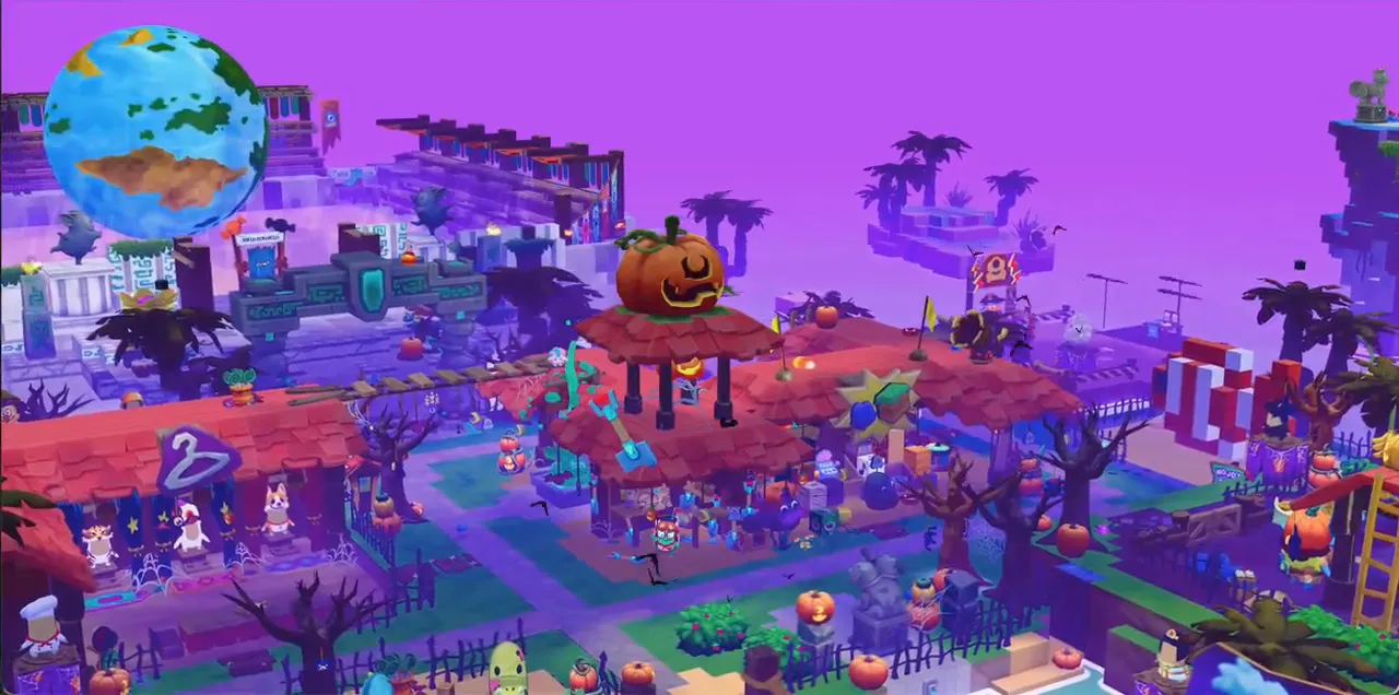Camp Dojo from above, recolored purple for Spooky Season, with a giant jack-o'-lantern on the rooftops.
