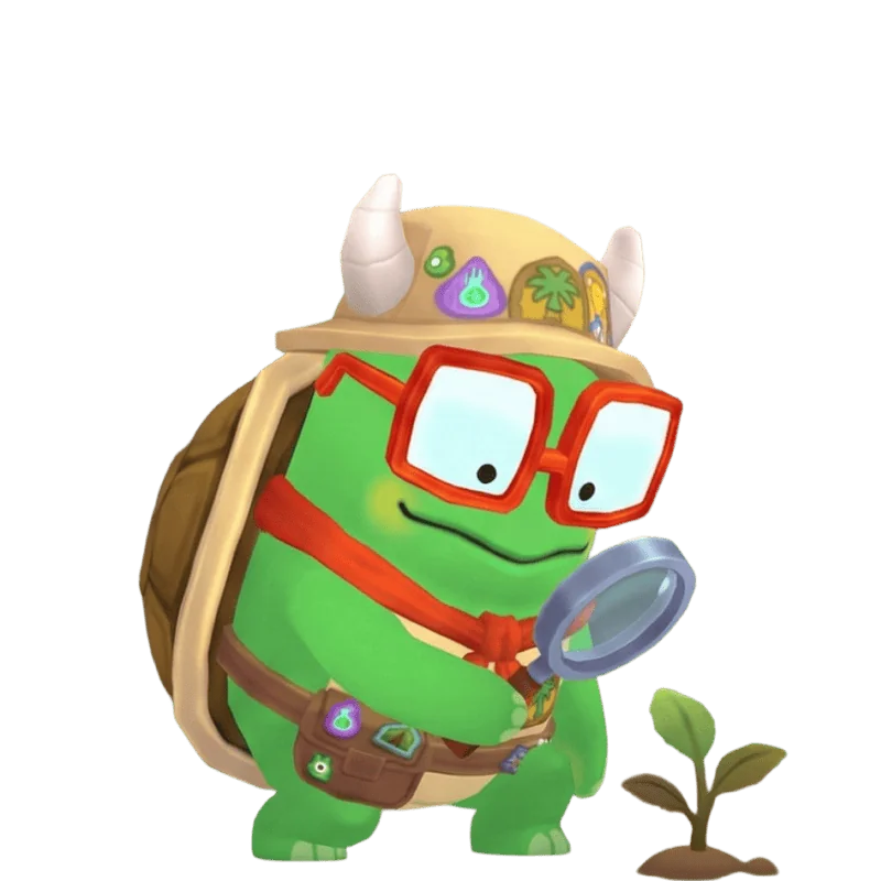 Tumbles inspecting a sprout with a magnifying glass