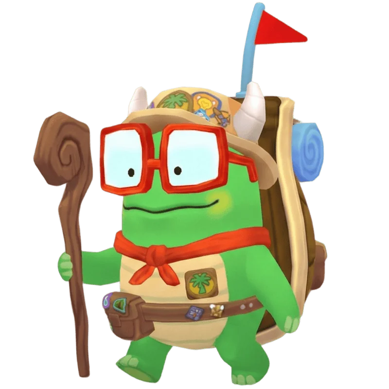 Tumbles holding a walking staff