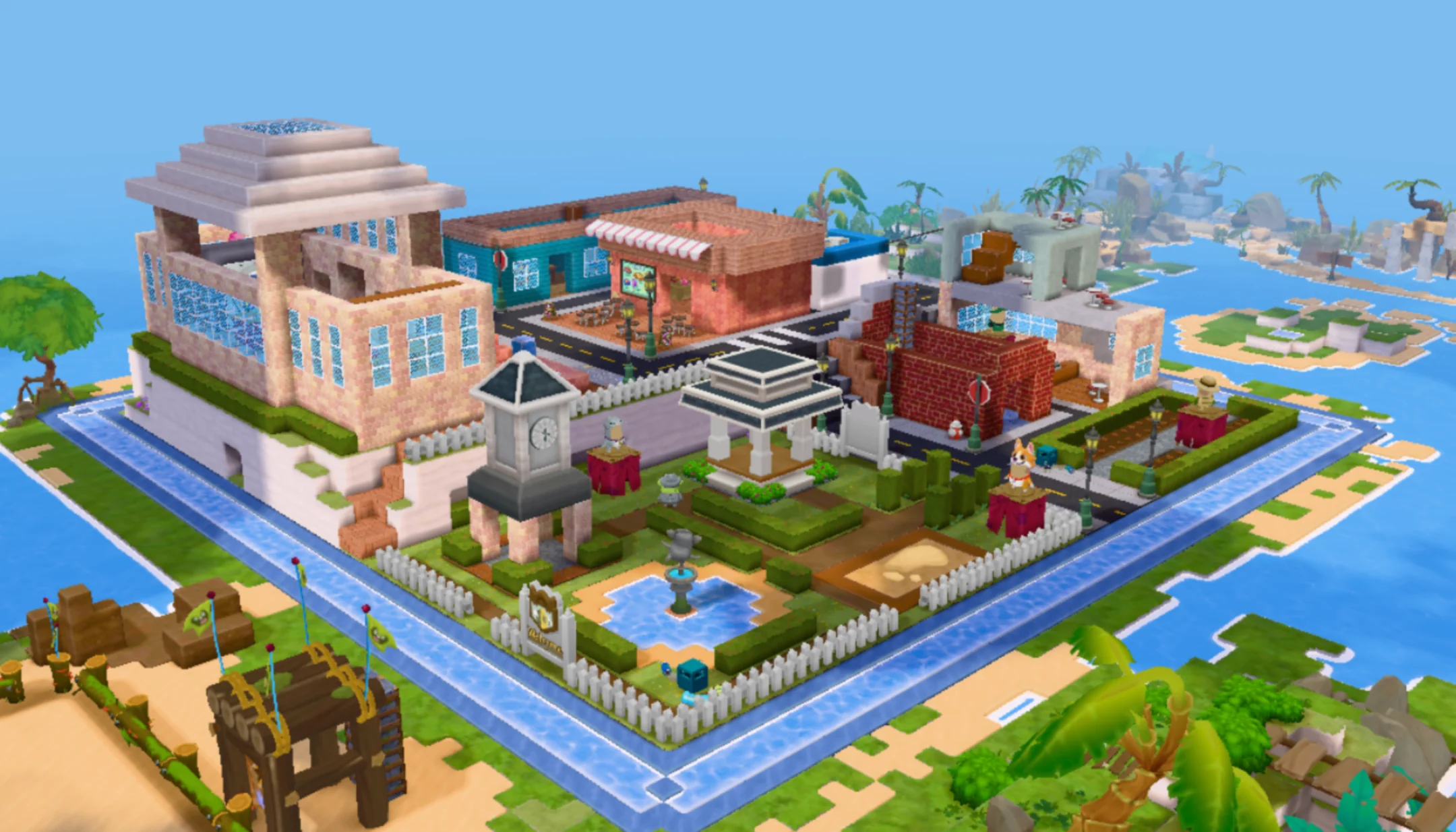 Overhead view of Blockburg Heights, a town built from blocks and ringed by water.