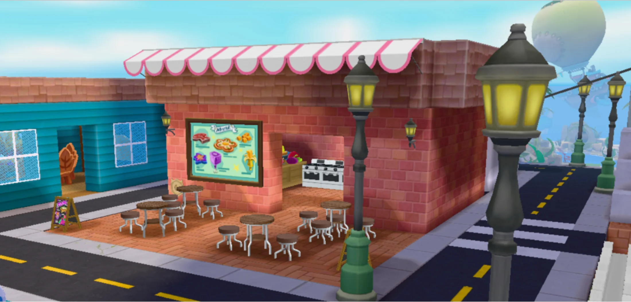 The Blockburg cafe with a striped awning, menu board, and stools.