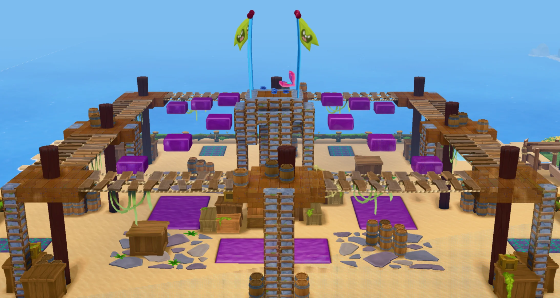 Chicken Tag beach map with wooden platforms and purple jump pads.