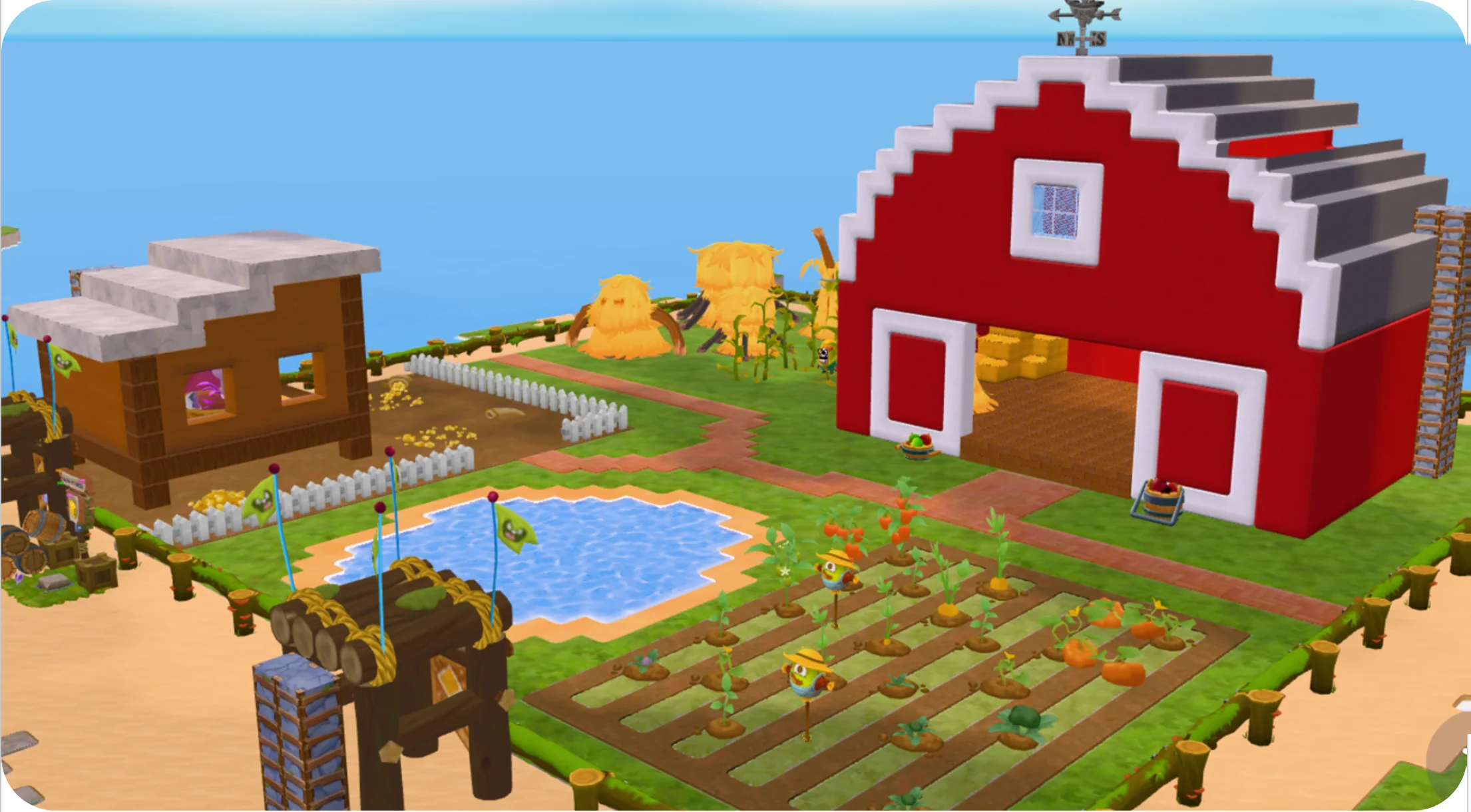 Chicken Tag farmyard map with a red barn, pond, and vegetable garden.