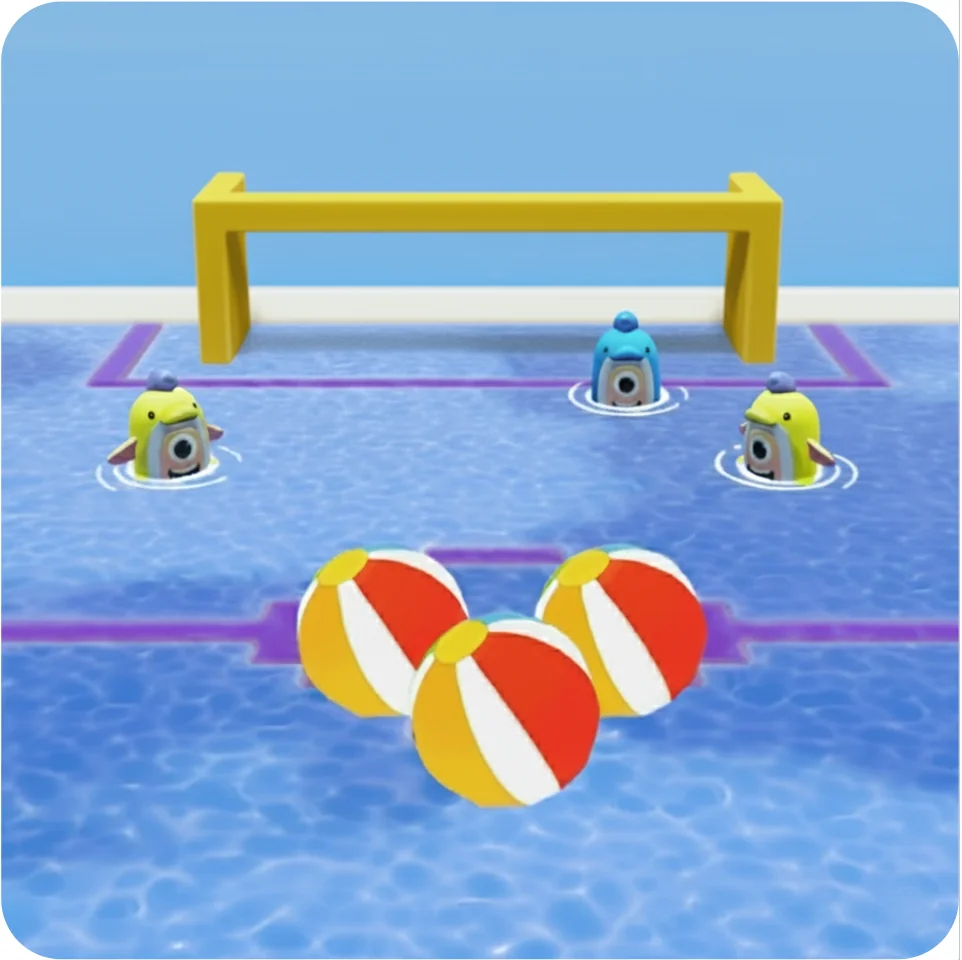 Dolphin Polo match: costumed players leaping for a beach ball between two goals.