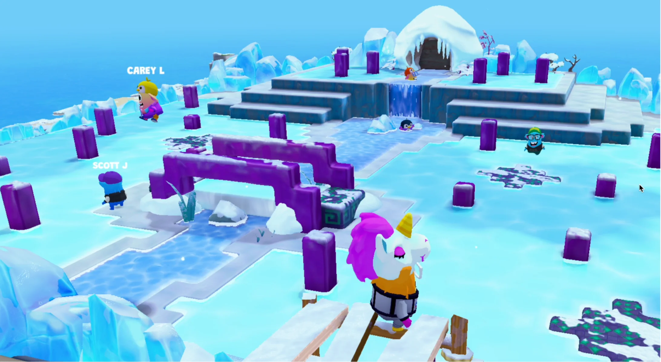 The frozen arena full of ice pillars and water
