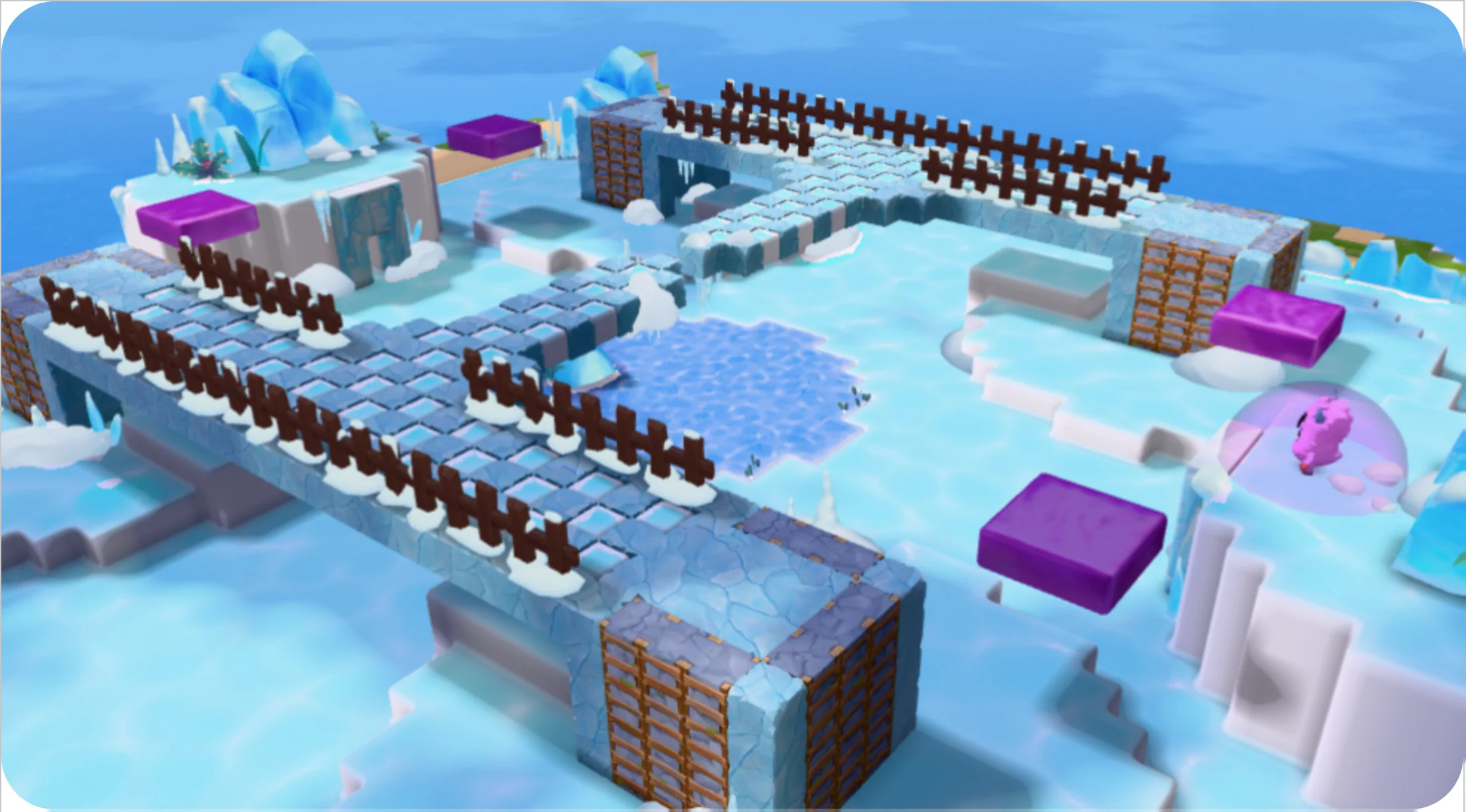 Snowy platforms and bridges across the ice