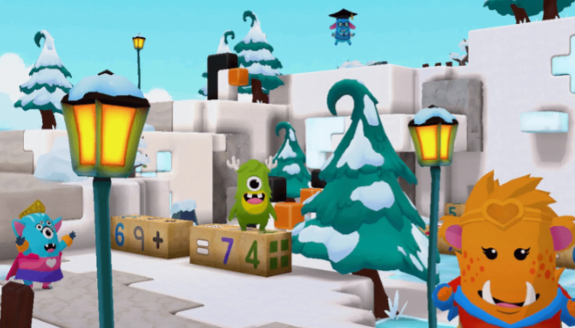 Players gathered around an equation on the shore