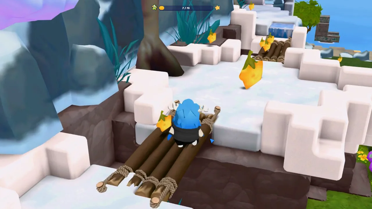 A character collecting golden stars among snowy platforms in Star Hunters.