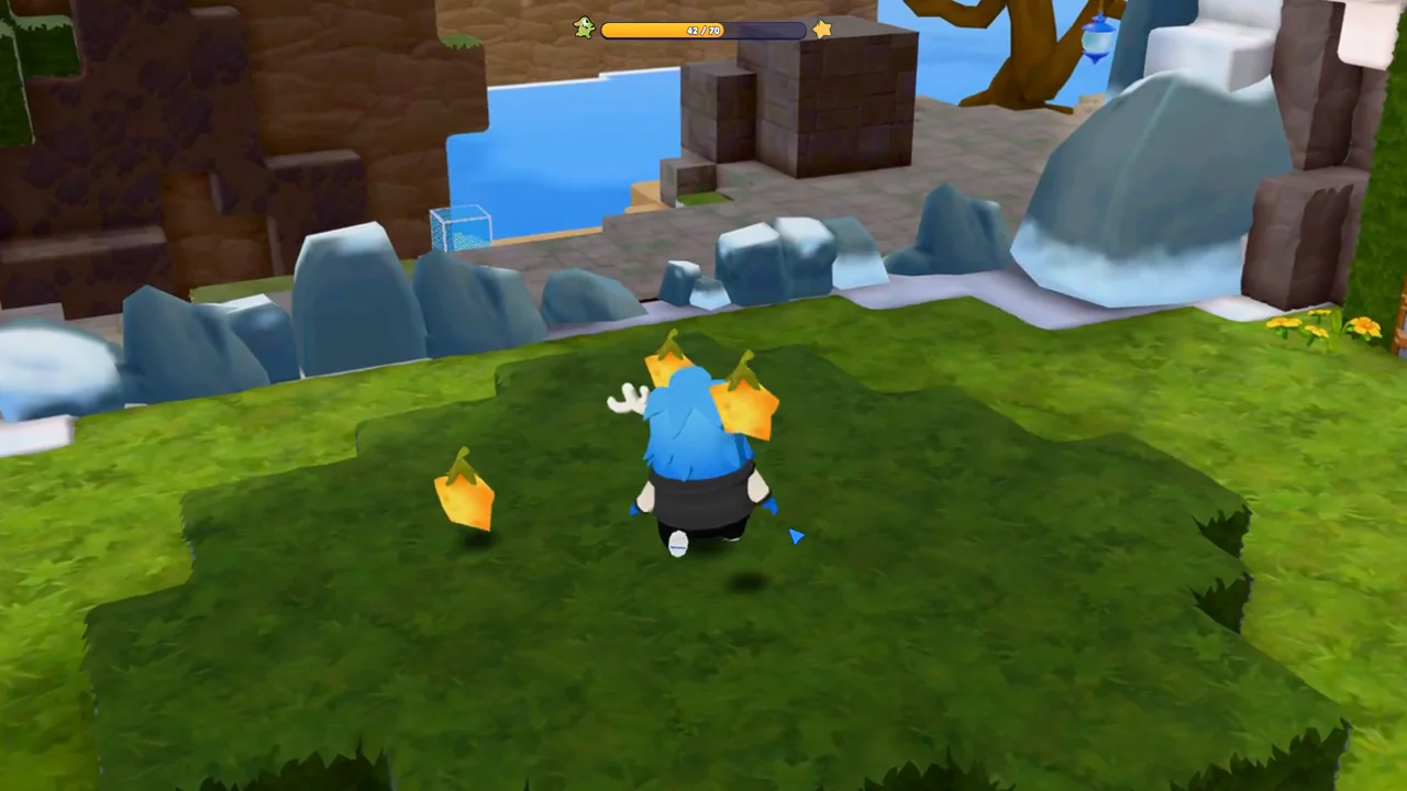 A character running toward a star on a green island in Star Hunters.