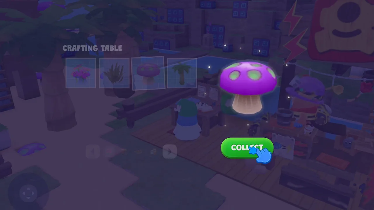 A freshly crafted purple mushroom glowing on the crafting table, with a collect button beneath it.