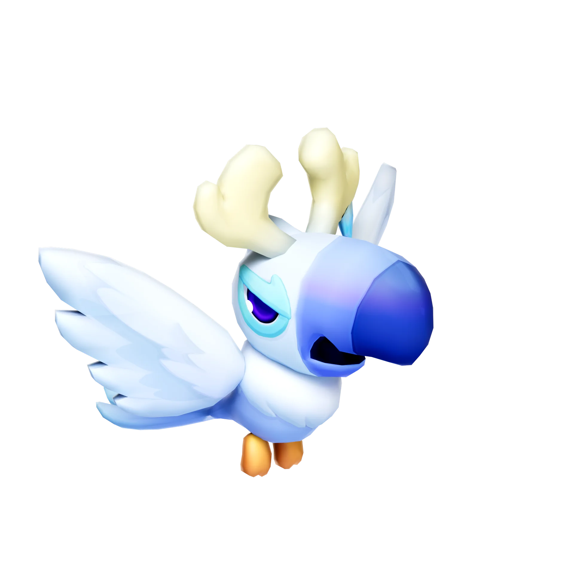 The Moocan, a blue and white toucan pet with small antlers and wings.