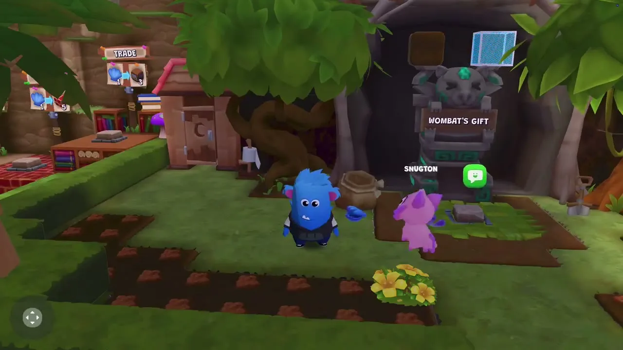 A character on Dojo Islands accompanied by a pet axolotl-cat, near a wombat trade station in the woods.