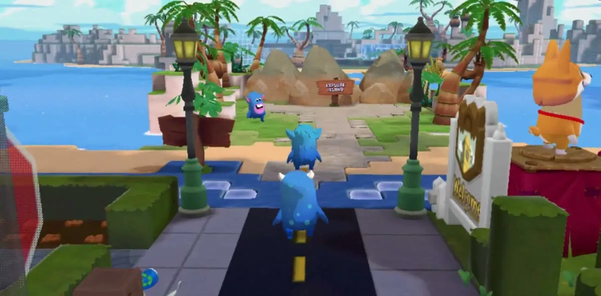 Characters running through the streets of Blockburg Heights past lampposts and a welcome sign.