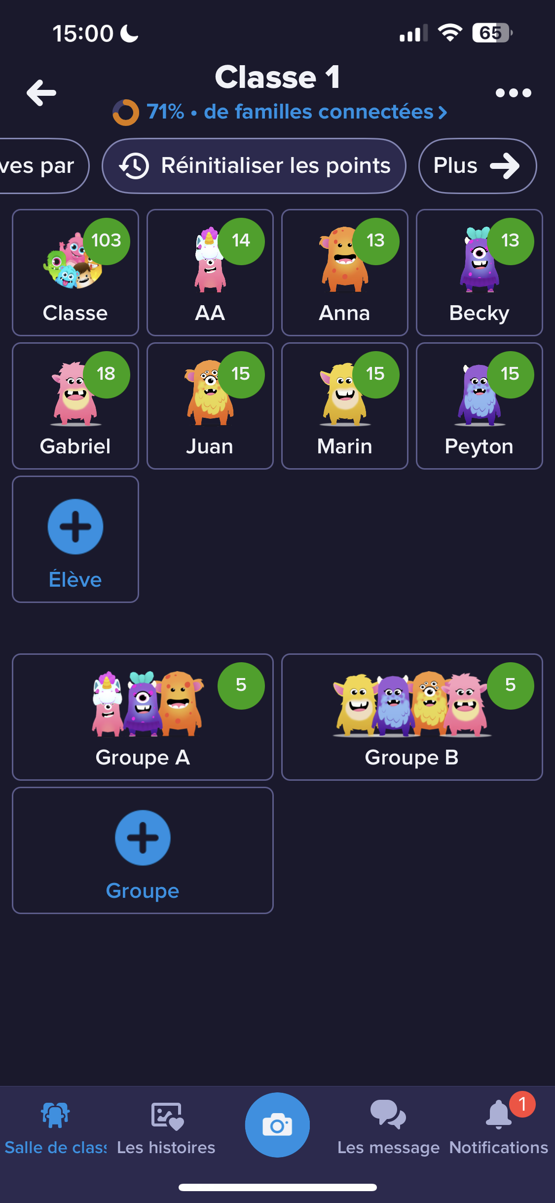 Comment remettre à zéro les bulles de points de groupes ClassDojo